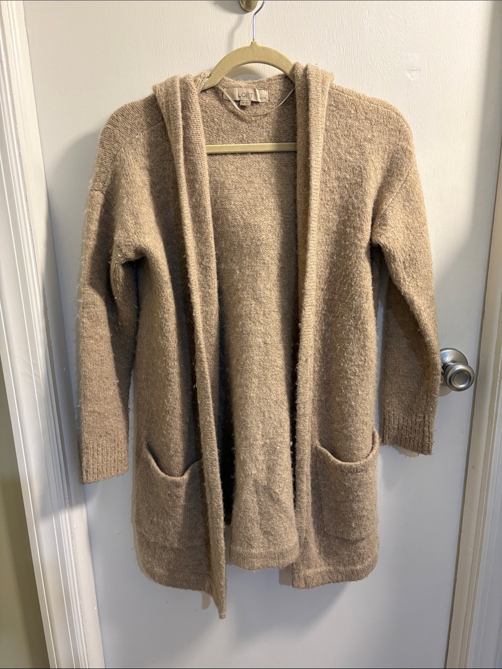 LOFT Hooded Open-Front Pocket Cardigan - Beige/Tan